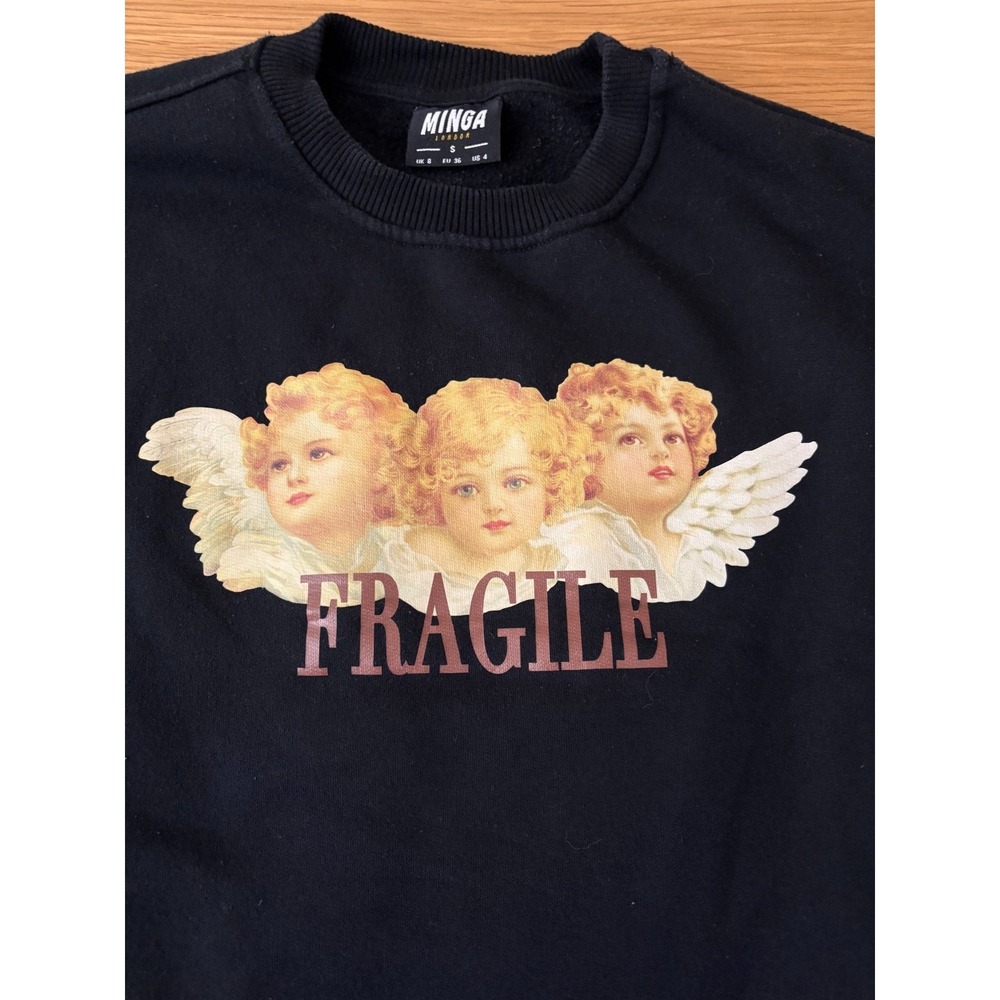 Minga London "Fragile" Black Cherub Pullover Sweatshirt Sz S UK 8 Graphic - Picture 4 of 7